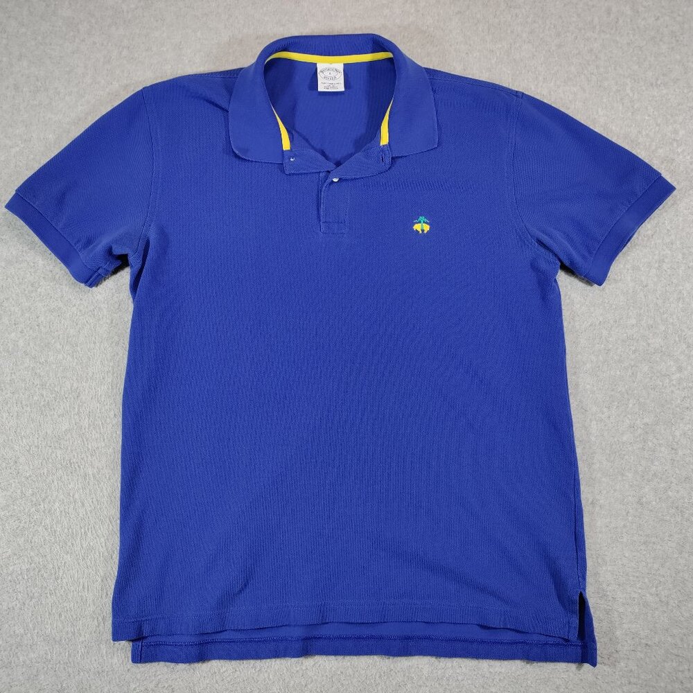 Brooks Brothers Shirt Mens Large Slim Fit Performance Blue Yellow Logo Golf